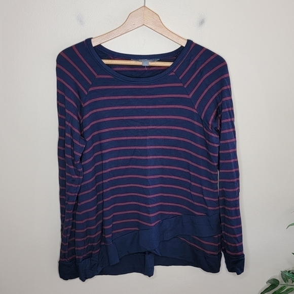 Market & Spruce | Navy Burgundy Striped Long Sleeve Tee Faux Crossover Front - Picture 1 of 5